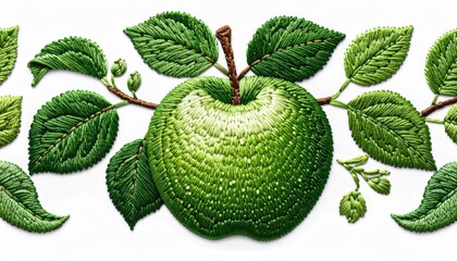 Pixel Art Green Apple on Branch with Leaves Against White Background