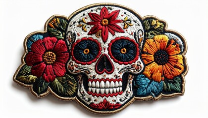Embroidered Sugar Skull with Flowers on White Background for Day of the Dead