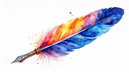 Watercolor Feather Pen with Rainbow Colors on White Background