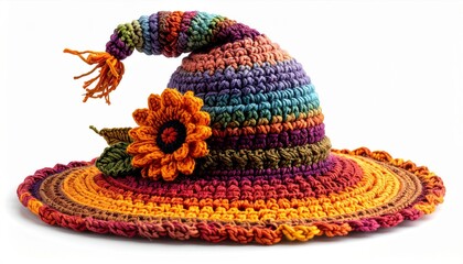 Colorful Striped Crochet Witch Hat Adorned with Sunflower on White Background Halloween Costume