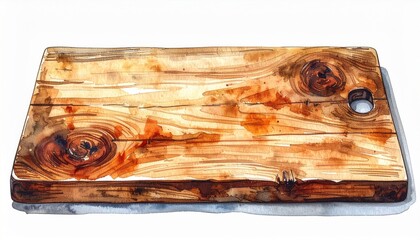 Watercolor Illustration of a Rustic Brown Wooden Cutting Board on White Background
