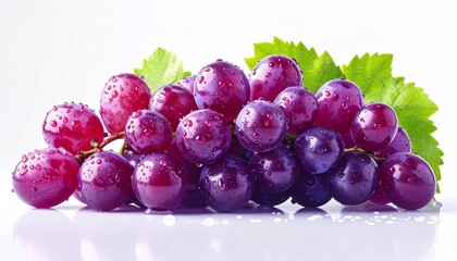 Close Up of Ripe Purple Grapes with Green Leaves and Water Droplets on White Background
