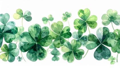 Watercolor Green Shamrock Border with Detailed Leaves and Plants for St Patrick Day Decoration