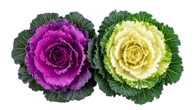 "Realistic Vector Illustration of Ornamental Cabbage Flowers in Purple and Yellow-Green Colors Isolated on White Background for Decorative Botanical Design"