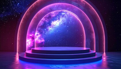 Abstract Platform Display with Neon Arches and Cosmic Background in Dark Environment