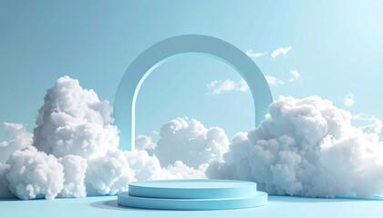 Sky Blue Product Display Podium with Fluffy White Clouds and Circular Archway