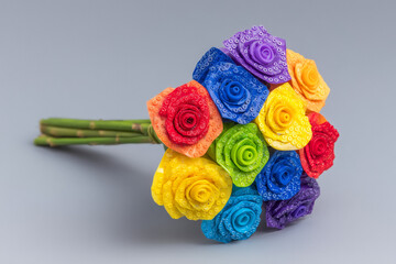 Vibrant rainbow rose bouquet handmade with unique condoms makes a bold statement for pride, love, and safe sex advocacy, perfect for modern celebrations and artistic expressions