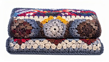 Stacked Textured Crochet Blanket with Intricate Patterns and Neutral Tones on White Background