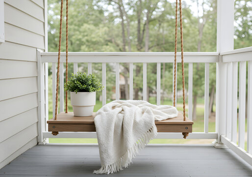 Wooden porch swing with blanket and plant decoration outdoor relaxing