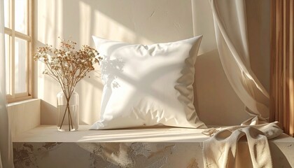 White Cushion on a Beige Surface near a Window with Soft Light and Shadow Play