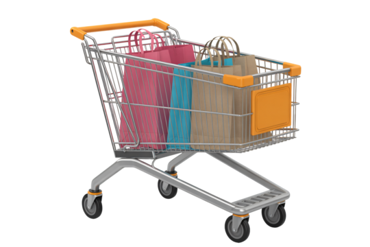 Ready for shopping spree? Full cart with colorful bags awaits!