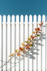 Minimalist composition of a young plant casting a shadow on a white wooden fence under a bright blue sky, symbolizing growth, simplicity, modern design, and natural beauty in a sunny outdoor scene