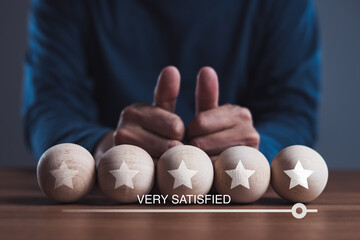 Five-star satisfaction with thumbs up and star icons on wooden balls showing customer trust,...