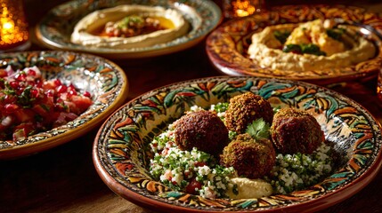 Four bowls of middle eastern food including hummus falafel and salad.