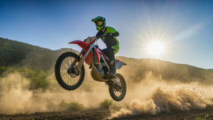 Fototapeta premium Motorcyclists soar through the air on a dusty dirt track against a backdrop of bright sun and scenery.