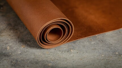 Close-up of rolled brown leather material on marble surface, showing texture, craftsmanship, and luxury design concept for fashion, upholstery, accessories, and artisan handmade production background