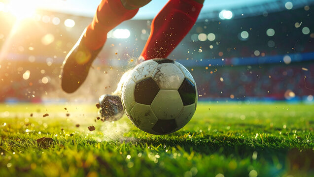 Dynamic close-up of a footballer's feet and a powerful soccer ball.