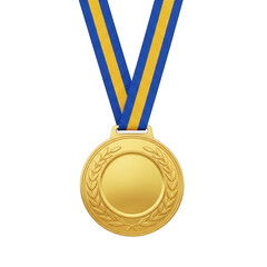 A gleaming golden award medal with a vibrant blue and yellow striped ribbon hangs prominently isolated on transparent background