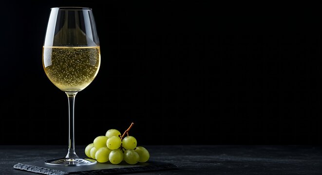 glass of effervescent German Riesling wine, showing its pale golden hue, with subtle condensation,a few green grapes on a dark slate coaster, gentle side lighting against the absolute black background