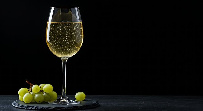 glass of effervescent German Riesling wine, showing its pale golden hue, with subtle condensation,a few green grapes on a dark slate coaster, gentle side lighting against the absolute black background