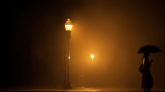 A lone figure with an umbrella walks past a foggy lamppost at night