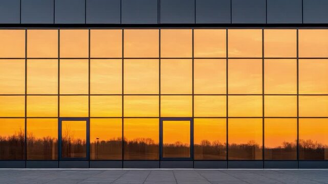 Modern architectural facade with large glass windows reflecting vibrant sunset colors and minimalistic design elements 4k video footage
