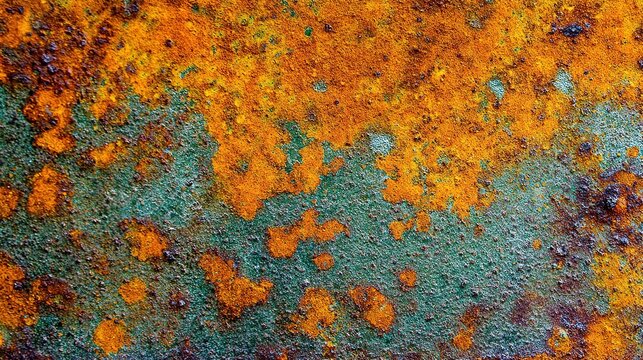 oxidized. Close-up of oxidized steel surface with intricate rust patterns, showcasing metallic weathering details under directional light. safety posters.