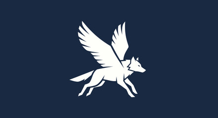 Winged wolf leaping forward on dark background, for use in crests, fantasy, or logo design
