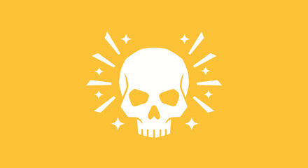Shining skull illustration on gold, rays and stars in background, Halloween or warning sign usage