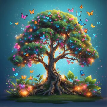 A vibrant tree adorned with colorful butterflies