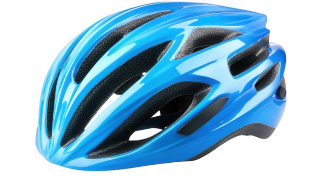 A bright blue bicycle helmet with ventilation holes and black padding on a  transparent background studio shot
