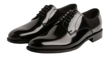 A pair of highly polished black leather dress shoes with laces on a transparent background studio shot