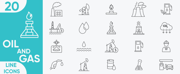 Oil and Gas icon set. Refinery, oil factory, gas station, lubricant, transportation, gas pump, fuel station, pump, energy industry and more. vector illustrator.