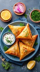 Traditional Indian Samosas served with spicy chutneys and fresh herbs on a rustic blue plate perfect for appetizers or snack time