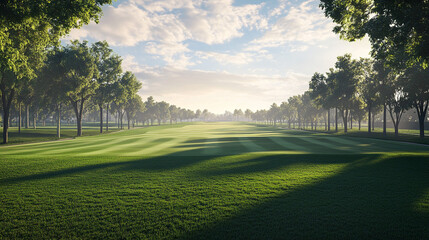 Obraz premium A beautiful view of a lush golf course under a bright blue sky. The vibrant grass, clear weather, and peaceful setting capture the essence of outdoor recreation and natural beauty.