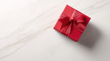 formal. Elegant red gift box tied with a satin ribbon, placed on a sleek marble surface. lifestyle magazines, social media lookbooks, designed for influencer and brand collaborations.
