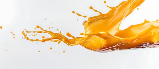 Splash of Vibrant Orange Yellow Liquid with Flying Droplets Against a White Background