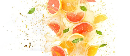 Vertical Burst of Citrus Slices, Orange with Dynamic Juice Splashes and Green Leaves
