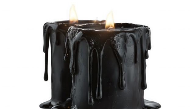 Two black candles with dripping wax and flames against a dark background creating a spooky atmosphere