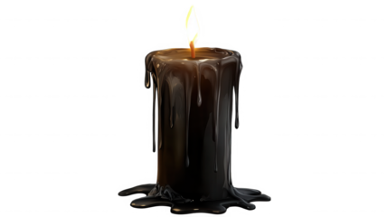 A single black candle with a bright flame and dripping wax against a dark  transparent background scene