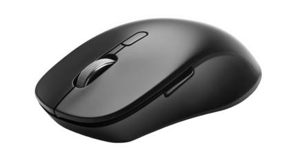 A sleek black wireless computer mouse with a silver scroll wheel on a dark background studio shot