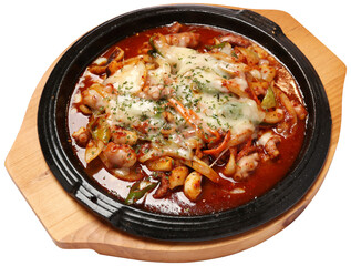 Spicy Korean Cheesy Stir-fried Squid on a Hot Plate