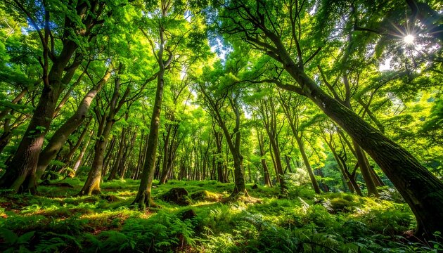 Dense forest canopy with sunlight filtering through the lush green leaves