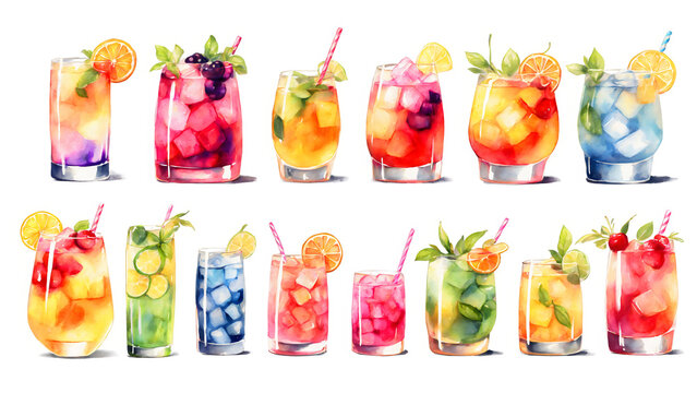Fresh healthy beverage collection featuring colorful glass bottles and hand drawn watercolor flowers with ripe tomato juice and organic fruit drinks isolated on white