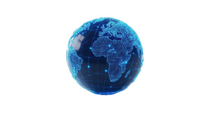 Digital globe with blue continents and glowing points on a  transparent background in a futuristic style
