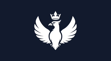 White phoenix rising with a crown on its head on a dark blue background, ideal for logos or heraldic representation