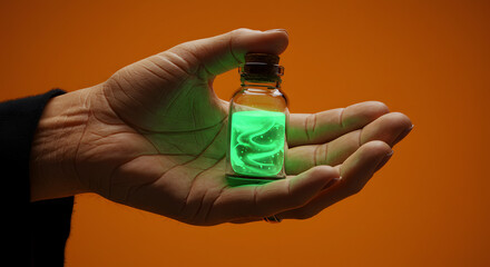 Naklejka premium A hand presents a small vial filled with a mysterious, swirling green liquid that glows in the dark