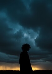 Silhouette of a Person with Curly Hair Standing Outdoors Under Dramatic Dark Cloudy Sky During Sunset