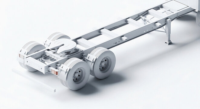 A white semi trailer chassis with wheels and landing gear on a white background in a studio shot