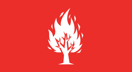 Burning tree symbol against a flat background, possible icon for environmental or social issues, or as design element